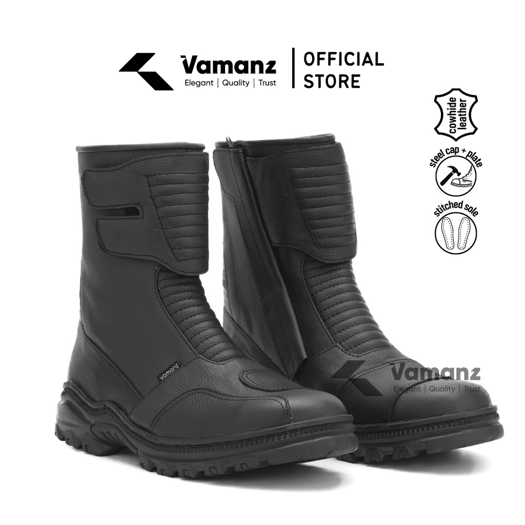 Vamanz Leather Original Steel Toe Safety Cowhide Leather Mid Cut Biker Boots Kasut Motor Kulit Besi