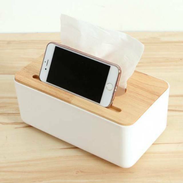 KAYU Wooden Tissue Box With Smartphone Holder Mobile and Tissue Box