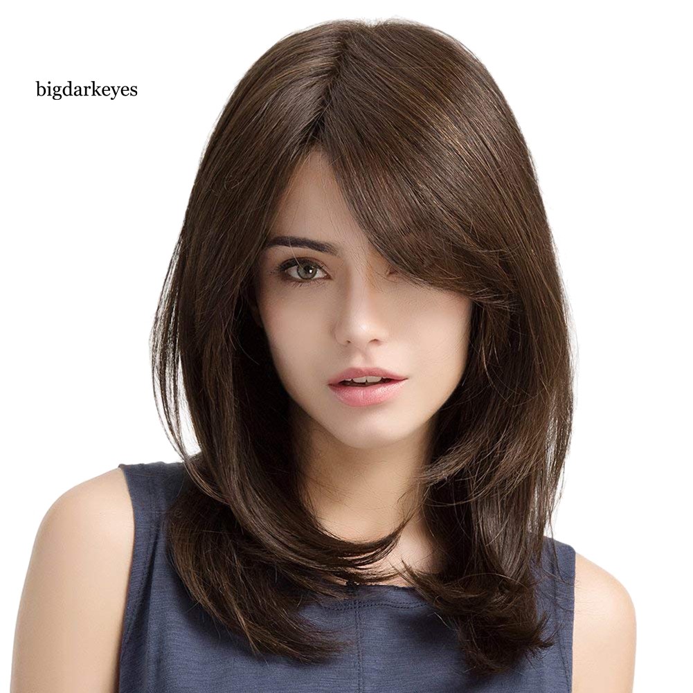 Ebty Fashion Women Natural Long Straight Wig Sideswept Bangs