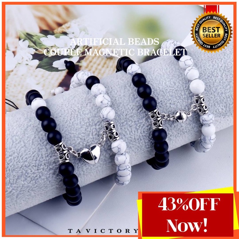 2pc/set Crystal beads Couple Bracelet Charm Love Shape Magnet Long Distance Couple White Black Beads Present Gelang Batu