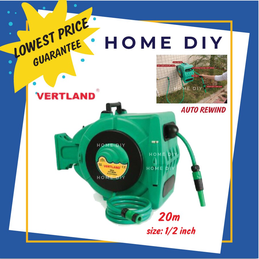 VERTLAND 20M AUTO REWIND GARDEN HOSE REEL(HOSE INCLUDED)*GOOD QUALITY