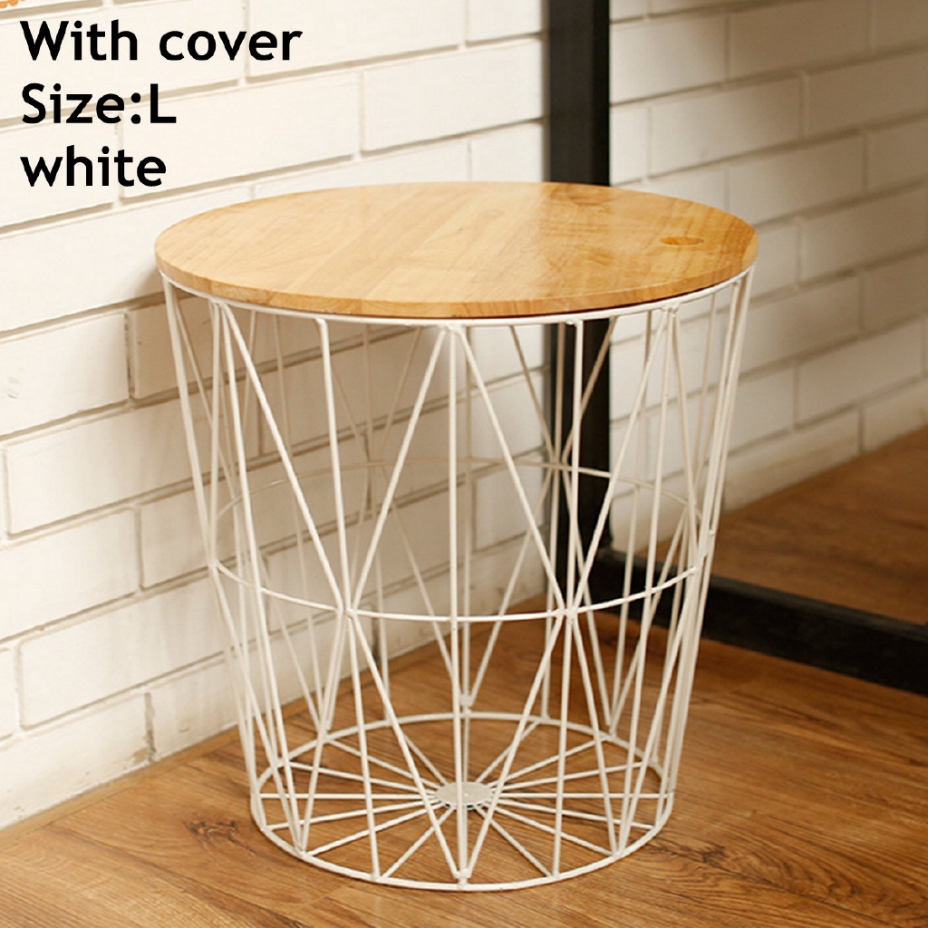 Dongxi White Black Metal Wire Basket Wooden Top Side Table Storage Loft Living Home Furniture Shopee Malaysia