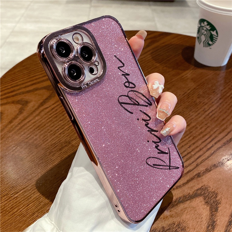 Glitter Transparent Signature Design Phone Case Compatible with iPhone 13 12 11 14 15 Pro Max plus Plating Casing Soft Cover