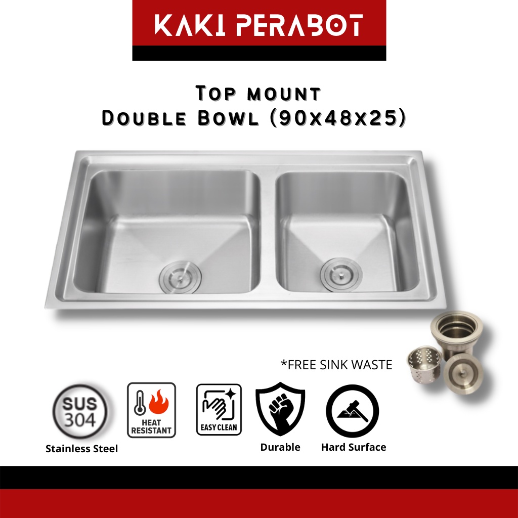 KP CABANA 90x48x25cm Stainless Steel Sink Top Mount Double Bowl Sink