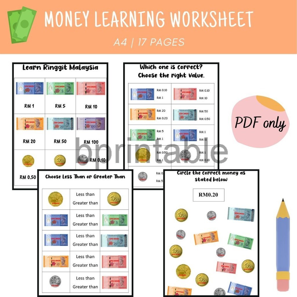 pdf printable money learning worksheet kids workbook kids worksheet softcopy printable shopee malaysia