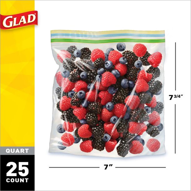Glad Zipper Food Storage Plastic Bags Quart 25 Count