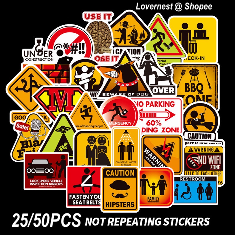 READY STOCK 50Pcs/25Pcs Warning Traffic Signs 交通警示旅行箱贴纸 Stickers for Luggage Suitcase Laptop Skateboard Doodle Guitar