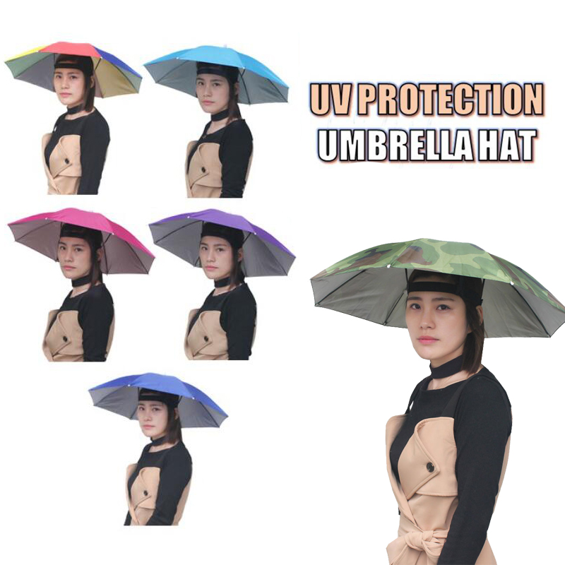 【READY】Foldable Head Umbrella Cap Unisex Outdoor Anti Rain Sun UV Protection Fishing Headwear Hat Payung Topi