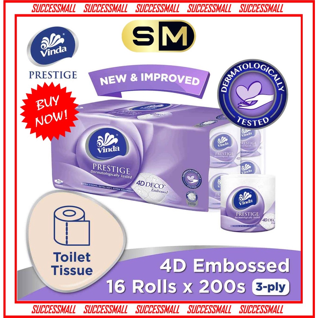 Vinda Toilet Roll Toilet Paper Toilet Tissue Prestige 4D Deco Embossed (16 rolls x 200s) (3200