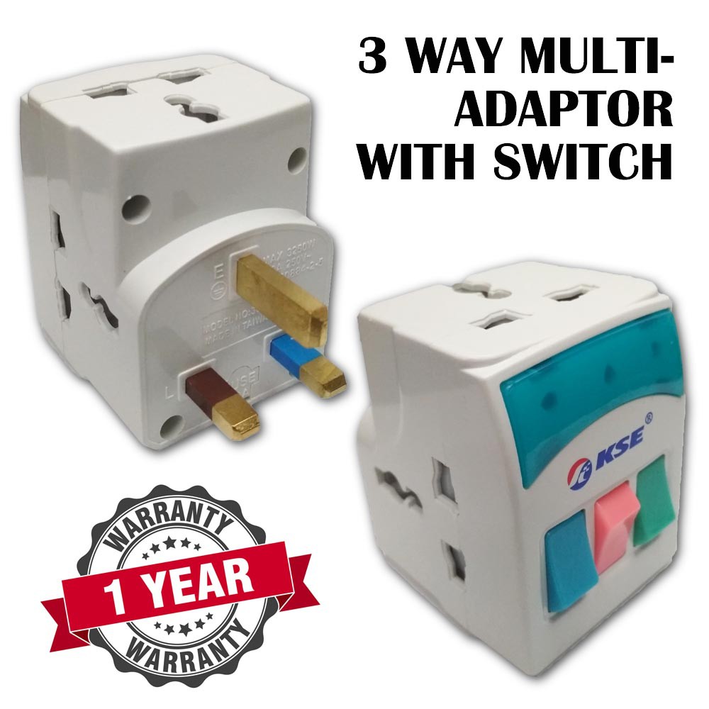 KSE 3 Pin/UK Plug Universal 3 Way Multi Adapter with ON/OFF Switch