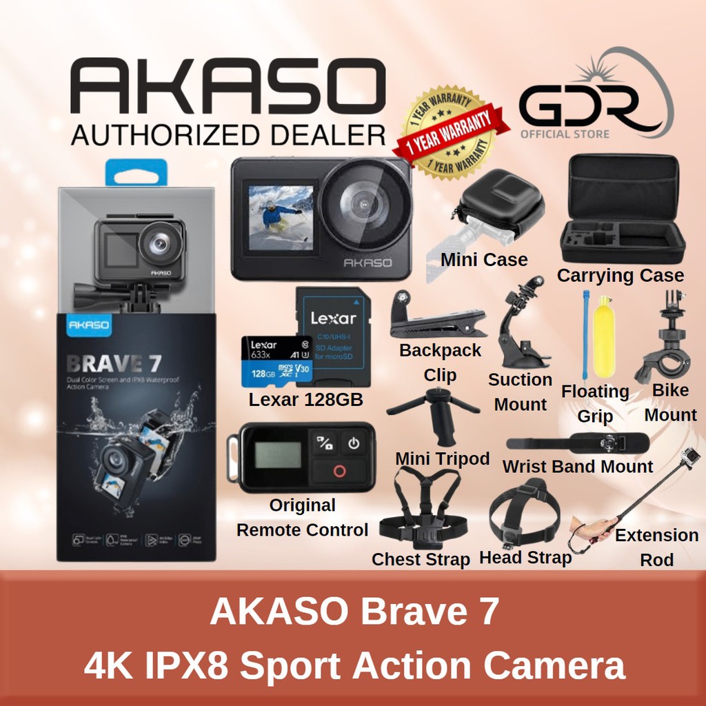 shopee: AKASO Brave 7 v2 - 4K IPX8 Sport Action Camera Waterproof 4K 30FPS 20MP Action Camera [Official 1 Year Warranty] (0:4:Akaso Brave 7:Super Combo + 128GB;:::)