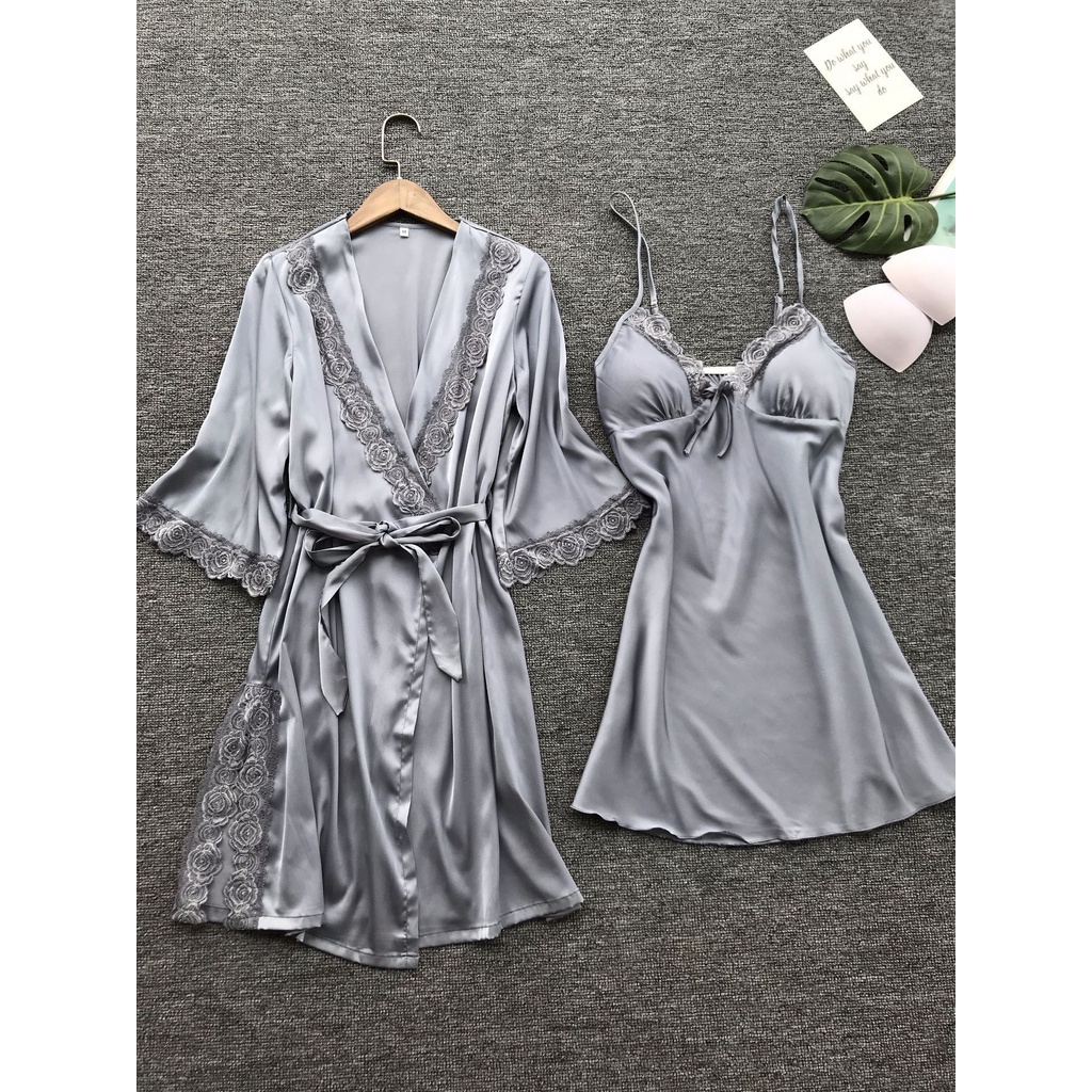 READY STOCK Two Pieces In One Set Robes Padded Sexy Lingerie Sleepwear Nightwear Pyjamas Baju Tidur S-XL PS031