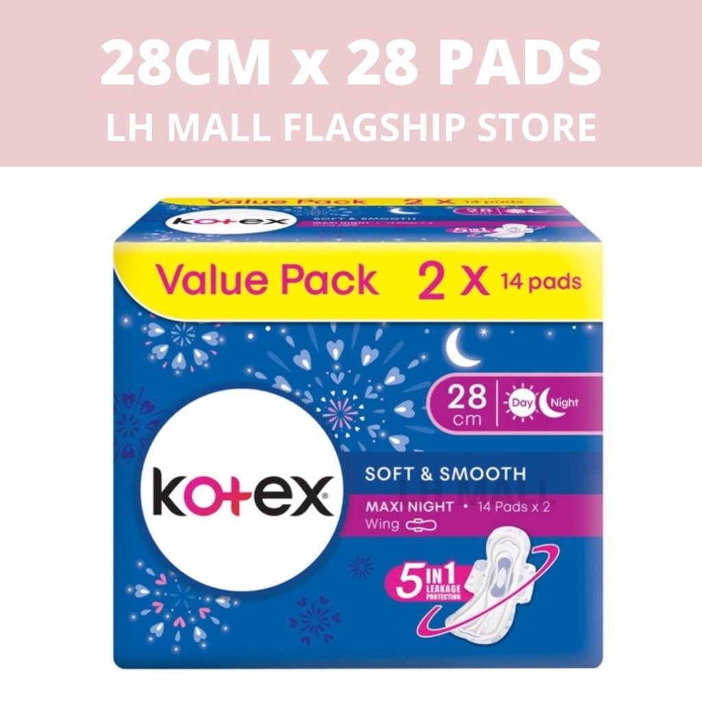 VALUE PACK - 28 PCS ( NIGHT PADS -  28CM WING 14s X 2pack  )  KOTEX® SOFT AND SMOOTH MAXI NIGHT PADS