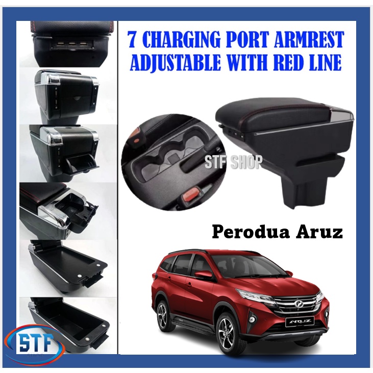 PERODUA ARUZ USB ARMREST ADJUSTABLE 7 CHARGING PORT WITH RED LINE