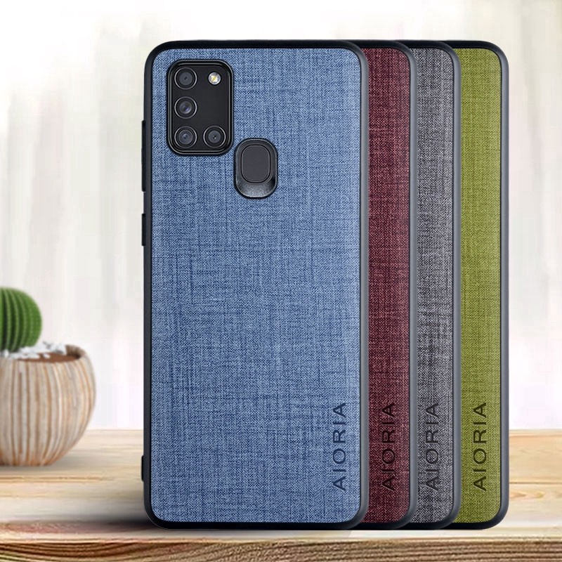 SKINMELEON Casing Samsung A21S Case Denim Fabric Pattern PU Leather TPU Protective Covers Phone Cases