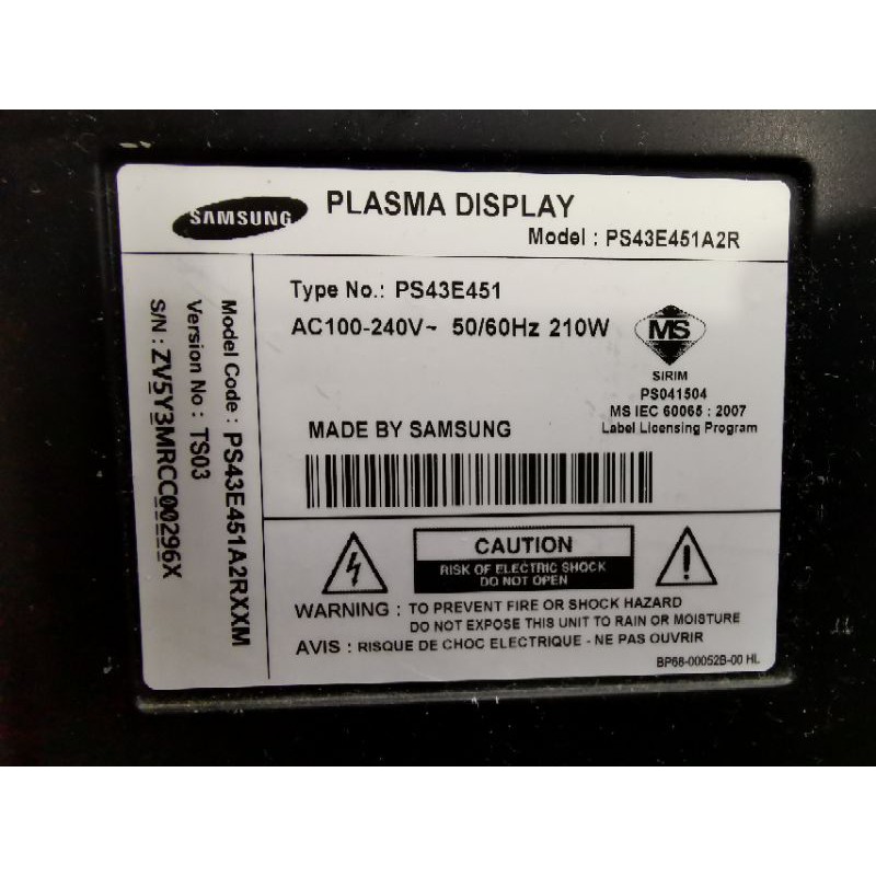 SAMSUNG PLASMA TV PS43E451A2R / PS43E451