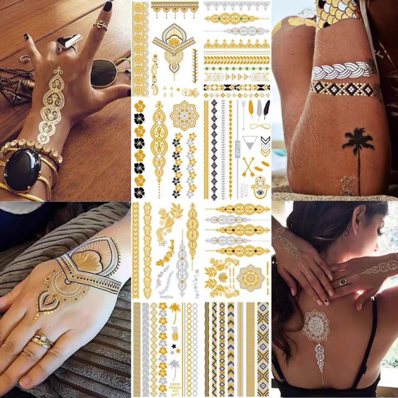 Boho Arabian Sexy Sparkles Metallic Decor Statement-Waterproof Temporary Tattoo Sticker Body Face Art Festival Jewelry