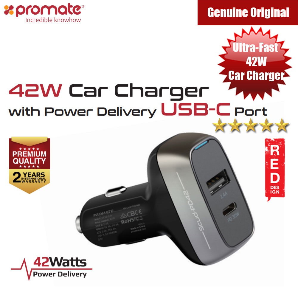 PROMATE Scud-PD42 42Watt Car Charger with Power Delivery USB-C Port 2 ...