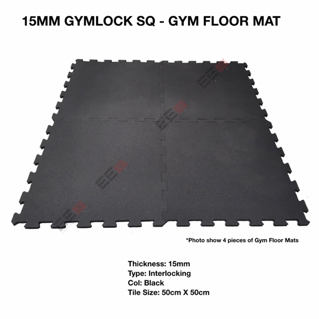 15MM RUBBER GYM FLOOR MAT INTERLOCKING GYMLOCK SQ/50CM x 50CM/CENTER
