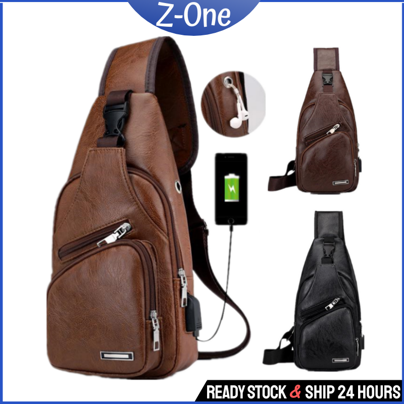 Z-One ReadyStock Lelaki USB Crossbody Bag USB Leather Chest bag Men ...