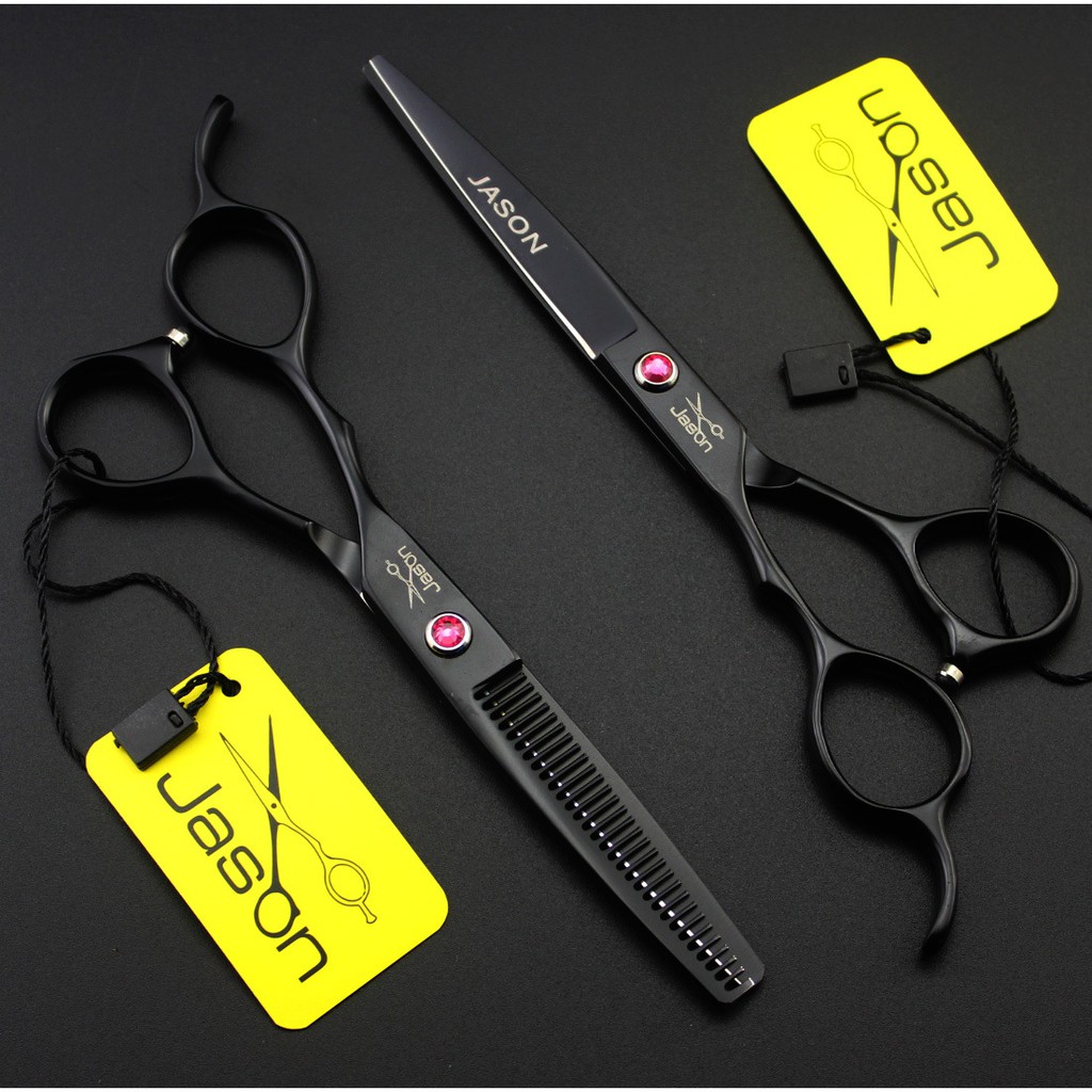 JASON left-handed professional hair cutting scissors with pink dots + free premium leather case, cutting comb and scissors adjustment lock