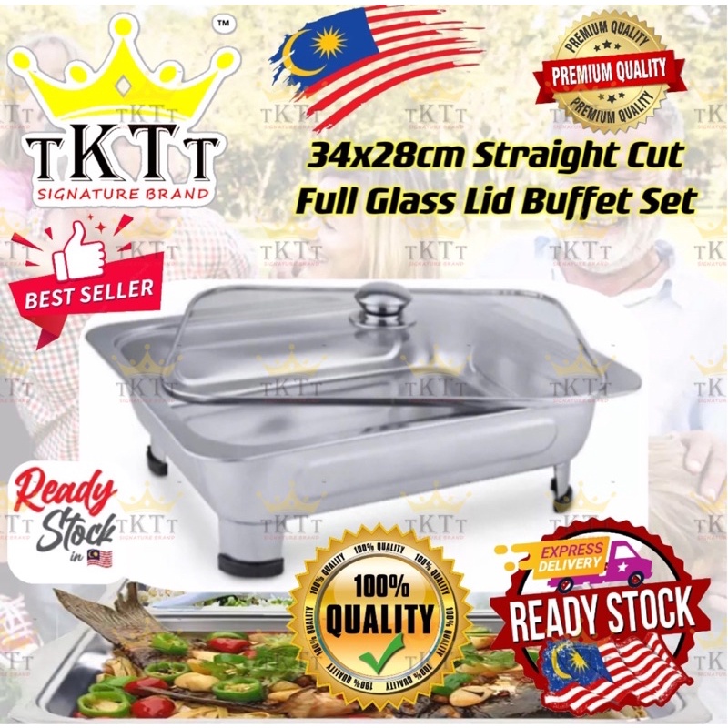 TKTT ™️ 34x28 Glass Lid Stainless Steel Buffet Set Catering Serving Tray Food Pan Warmer Bekas Lauk Katering Serbaguna