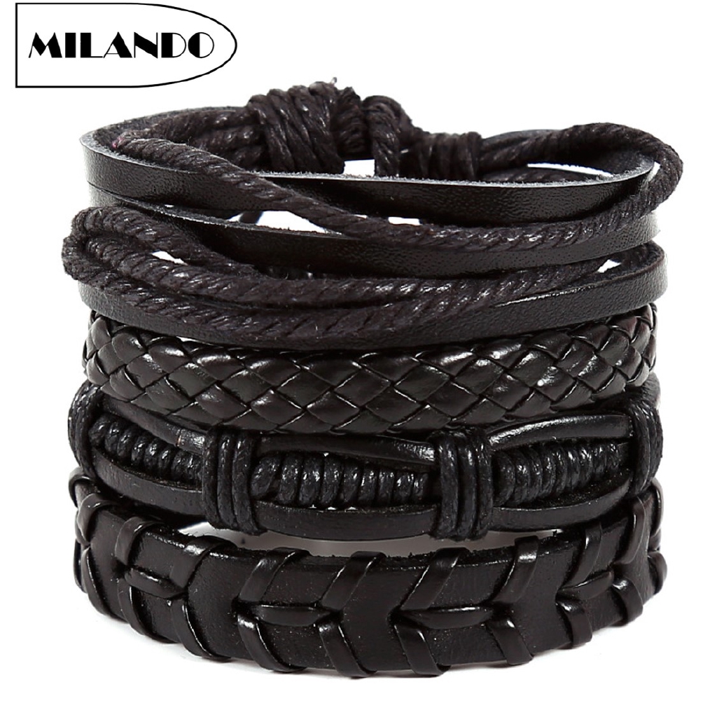 (4 Pcs) MILANDO Men Mix 4 Wrap Bracelet Vintage Multilayer Wristband PU Leather Bracelet (Type 1)