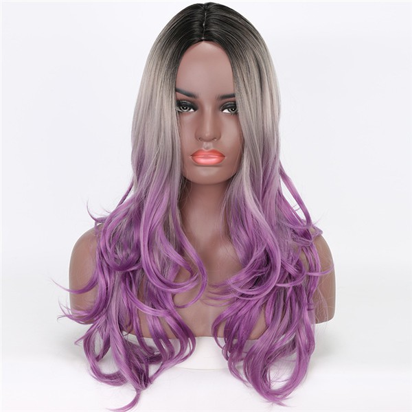 Long Wavy Wig Synthetic Wigs For Women Ombre Grey Purple Hair