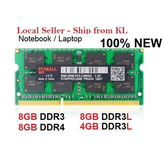 (NEW) LAPTOP RAM PUSKILL 4GB 8GB DDR3 DDR3L DDR4 PC3L Low voltage 1600MHZ 2400MHZ 2666MHZ 12800 19200 SODIMM Mcbook