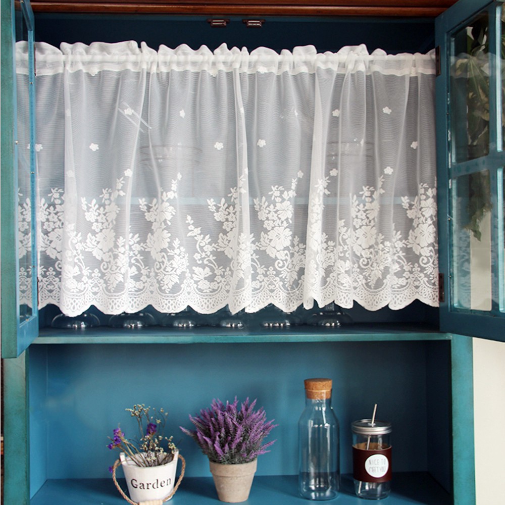 White Lace Curtain For Kitchen Window Cabinet Floral Sheer Short