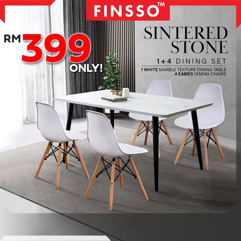 FINSSO : SINTERED STONE Marble Texture dining table set/ Meja Makan Nordic Style Modern Dining Table Set with 4 chairs