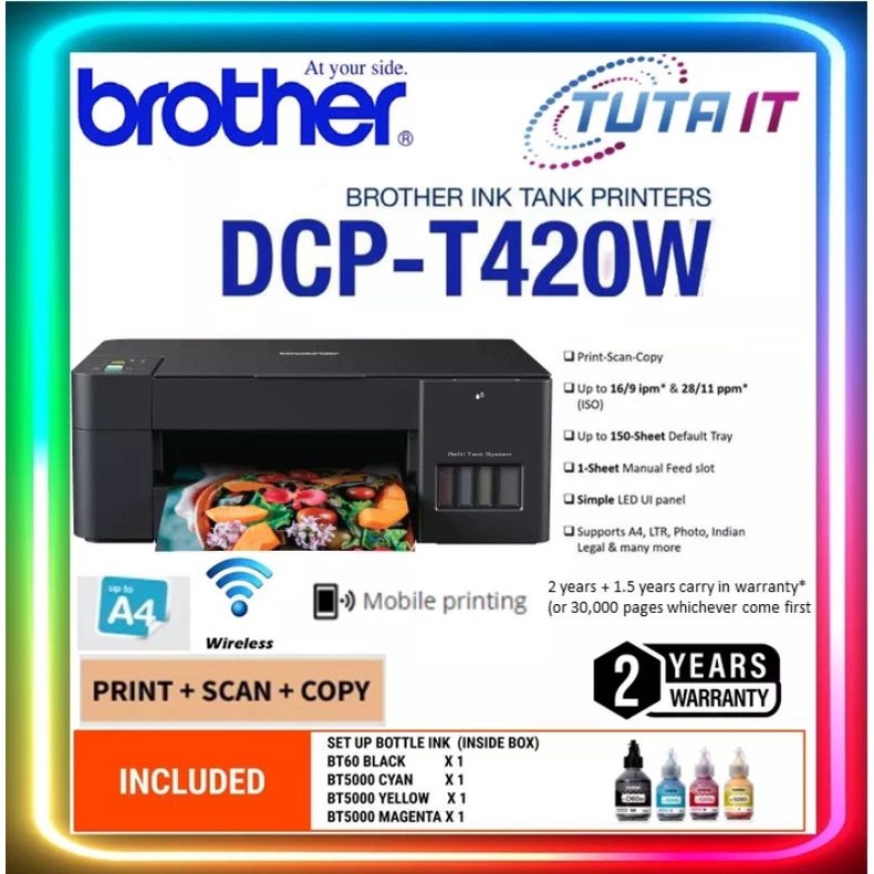 Brother DCPT420W Wireless Ink Tank Printer 3in1 Multifunction(Print/Scan/Copy/Wireless