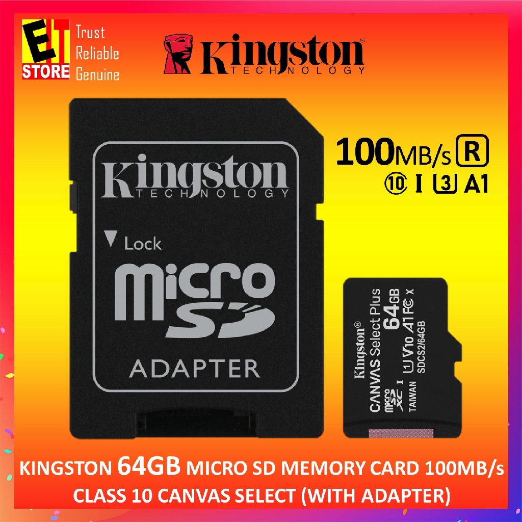 Kingston 64gb Micro Sd Card 100mb S Cl10 Canvas Select With Sd Adapter Sdcs2 64gb Shopee Malaysia