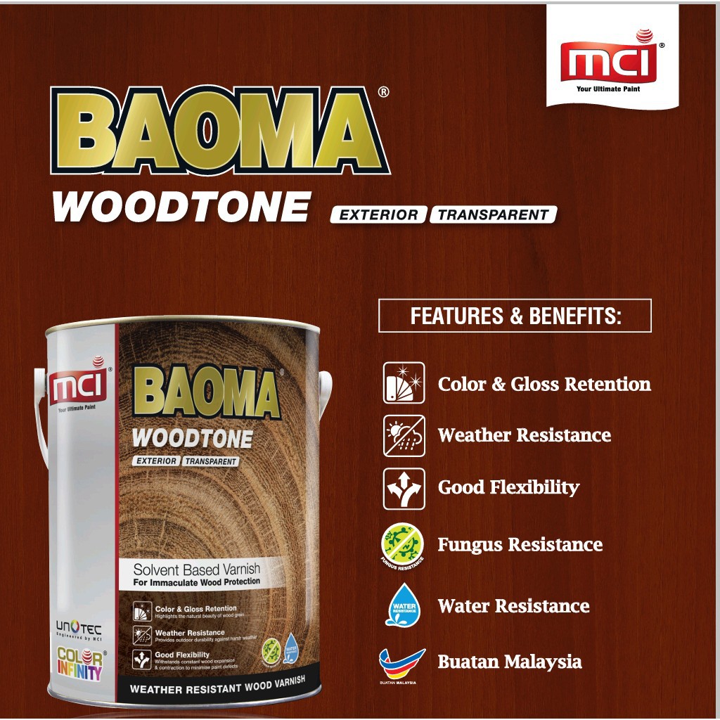 Wood Varnish Mci Baoma Woodtone 1 Liter Shellac Wood Stain Syelek Kayu Berkilat Cat Kayu Timber Coating Shopee Malaysia