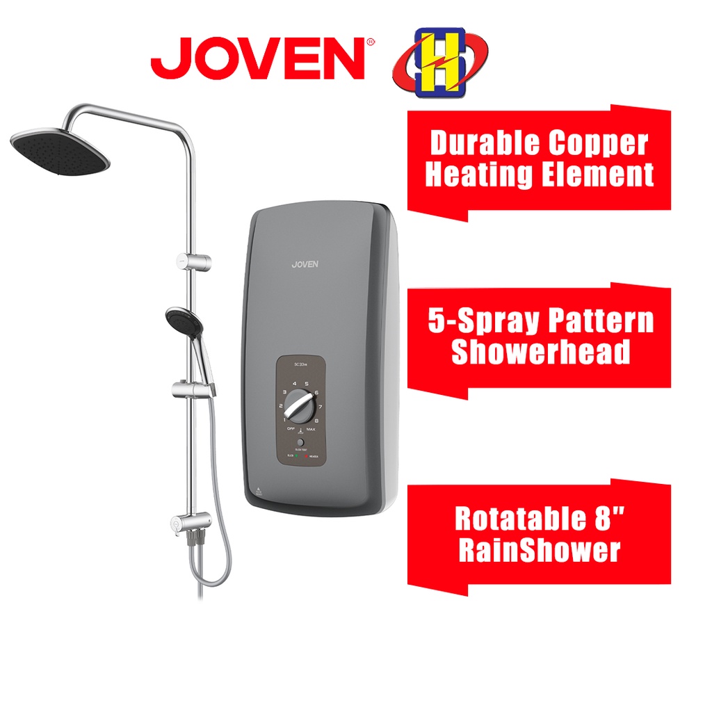 Joven Instant Water Heater (Non-Pump/Rain Shower/Dark Grey) SC33 Series 5-Spray Pattern Showerhead SC33m-RS