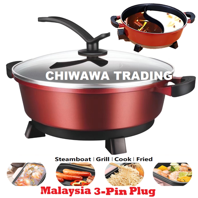 【Malaysia 3 Pin Plug】Electric Steamboat Cooker Grill Hot Pot Pan Wok With Twin Divider Set / Periuk Elektrik