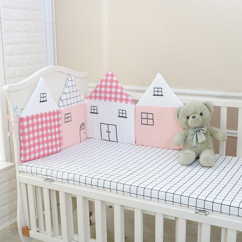 4pcs House Shape Crib Bumper Bedding Infant Crib Bed Protector Cot