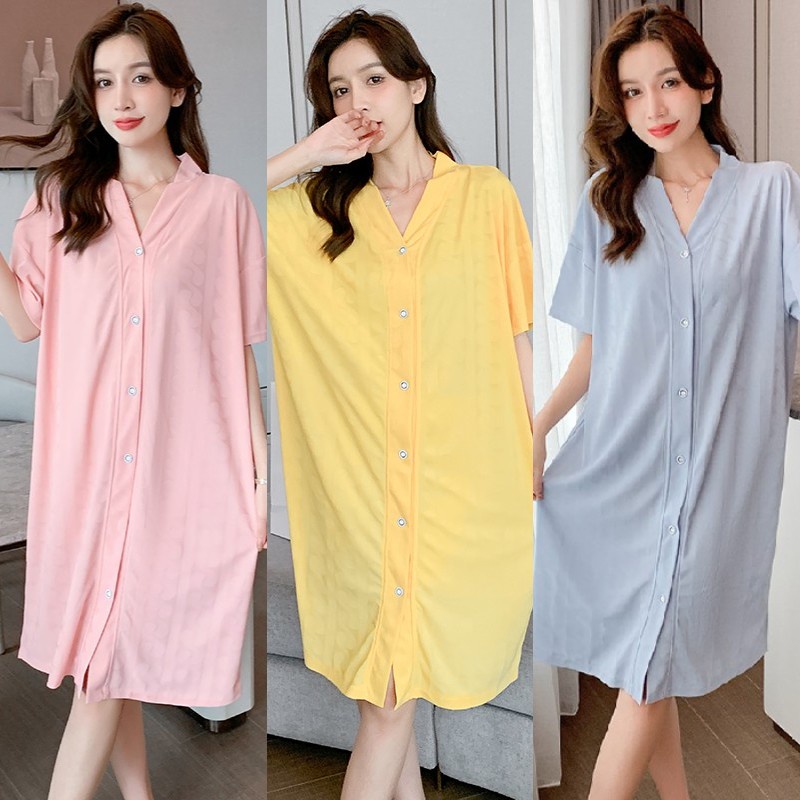 sleeping dress nightwear dress night dress long pyjamas dress summer loungewear pajamas 睡裙女 comfort short sleeve sleepwear v neck women 睡裙