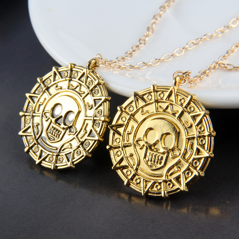 Hot Pirates Of The Caribbean Necklace Jack Sparrow Aztec Coin Medallion Vintage Gold Bronze Silve Pendant Wholesale