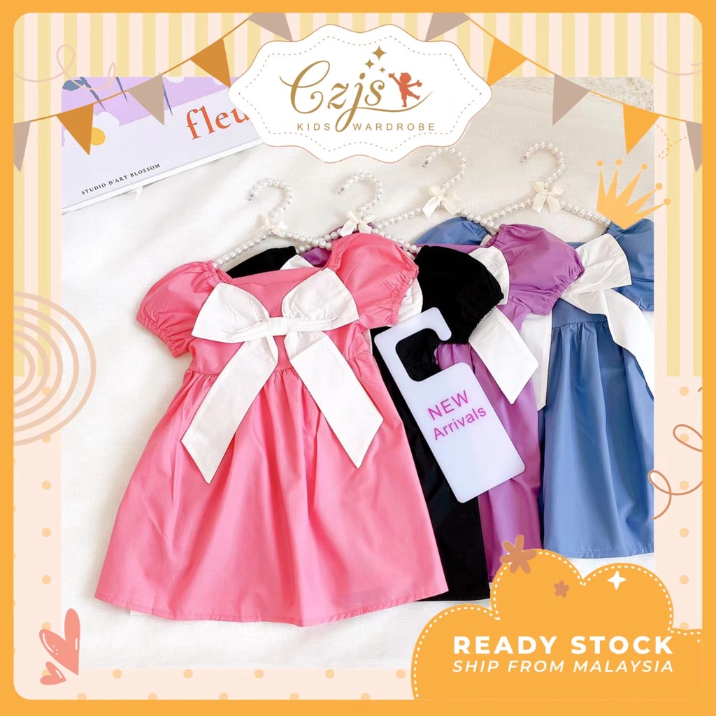 CZJS Kids Girl Korean Style Bow Stitching Dress Short Sleeve Princess Dress 1-9Y | Girl Dresses Baju Budak Perempuan