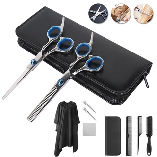 10pcs Pro Salon Hair Barber Scissors Trimmer Stainless Steel Hair Styling Tools (Gunting Penipis + Sisir + Jepit Rambut Bahan)