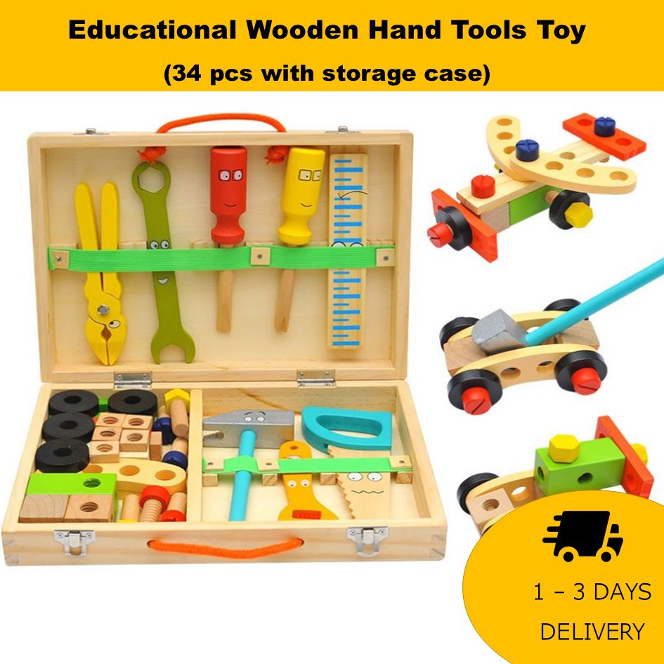 34pcs Wooden Carpenter Tool Box Kids Pretend Play Hand Tools Toys
