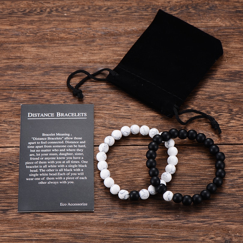 2Pcs/Set Couple Distance Bracelets Velvet Packing Classic Natural Stone White Black Beaded Bracelet for Men Women