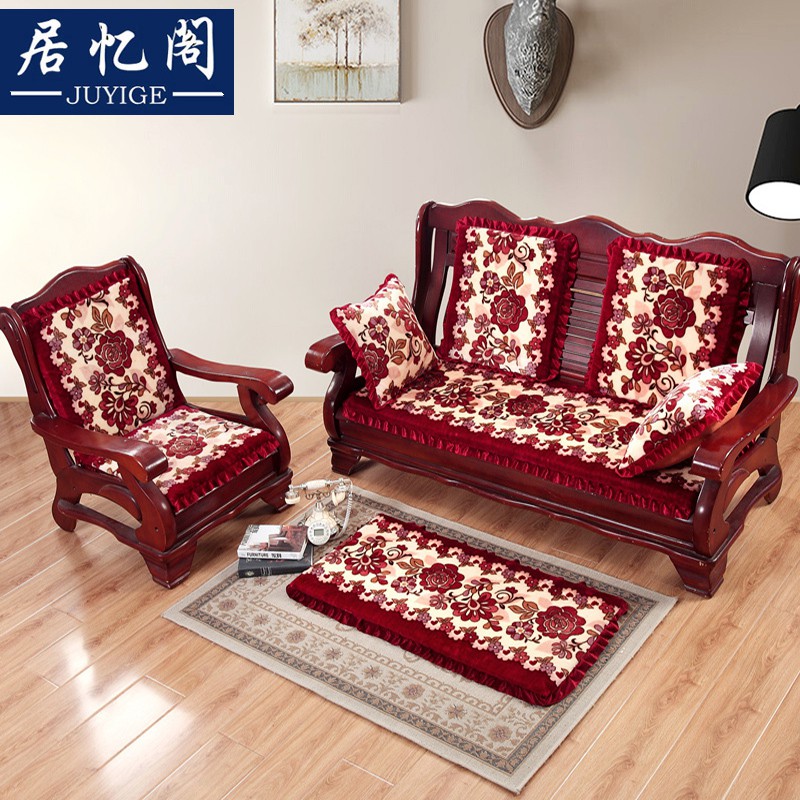 Winter red solid wood sofa cushion conjoined three thick benches single