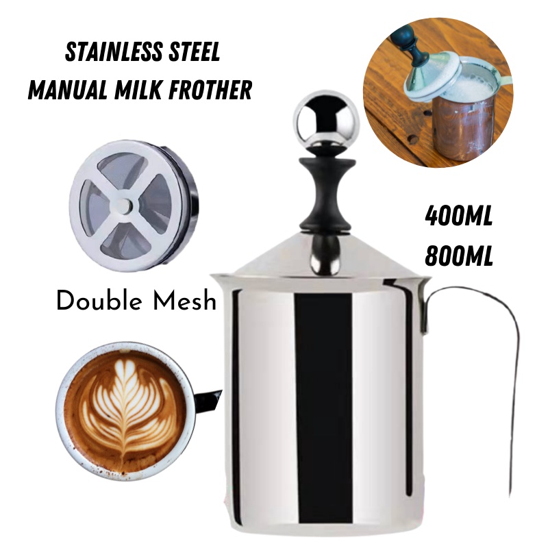 [400ml/800ml ] Stainless Steel Milk Frother Hand Pump Creamer Manual Double Mesh Milk Frother