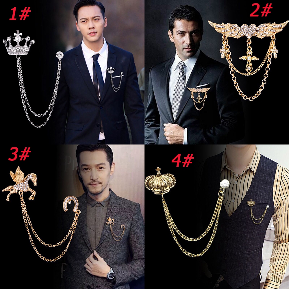 Mens Fashion Crown With Tassel Chain Pin Brooch Lapel Pins Suit Accessories