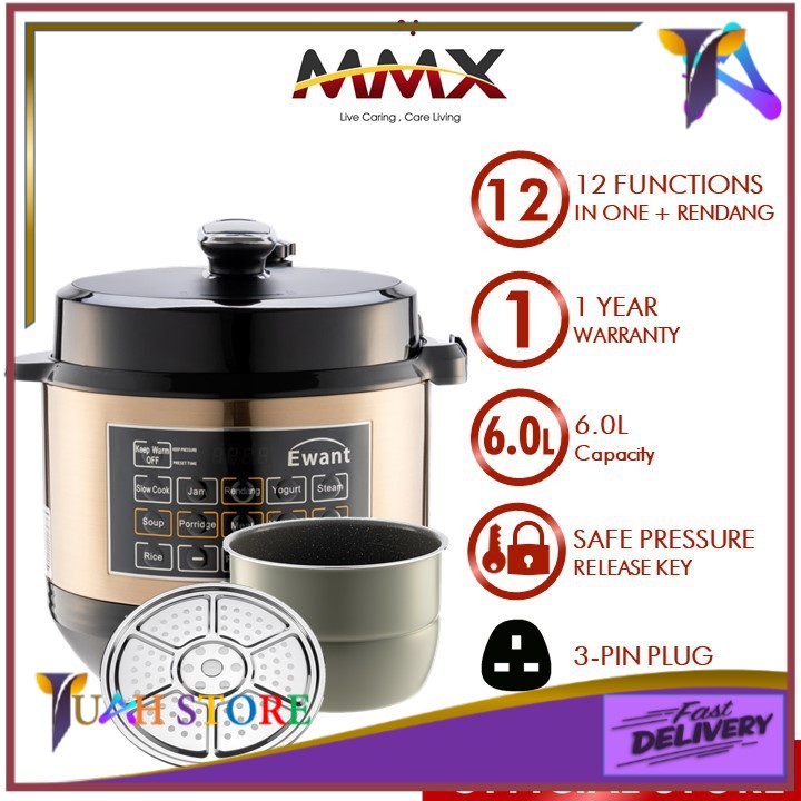 MMX Ewant 12-in-1 Electric Smart Pressure Cooker with Rendang Function - Gold (6L) MMXYBD6-100AG