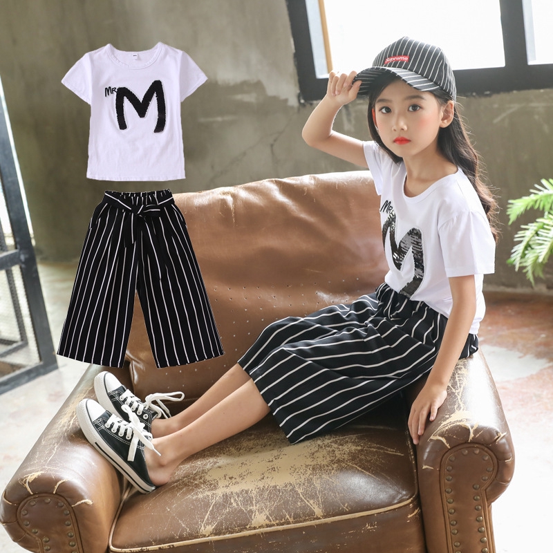 Korea Style Girl Clothes Sets Letter T-shirt and Wide Pants Kid Clothing |  Shopee Malaysia