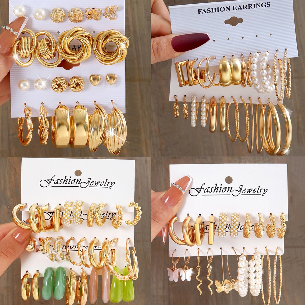 read stock Buy 4 get 1 gift Raya 49 Select Vintage Geometry Earrings Set Gold Butterfly Earrings For Women Simple Pearl Hoop Earring Silver Metal Square Round Fashion Party Jewelry