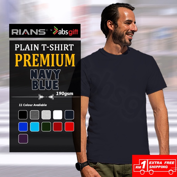 RIANS (PREMIUM) Plain Cotton Round Neck T-Shirt (Short Sleeve) 190gsm (Men / Woman) - NAVY BLUE [READY STOCK]